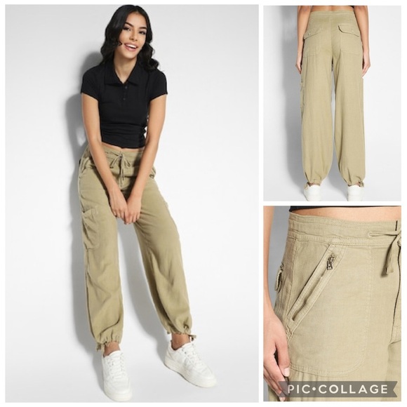 American Eagle Dreamy Drape Linen-Blend Baggy Wide-Leg Cargo Pants Size 0 - Picture 1 of 16